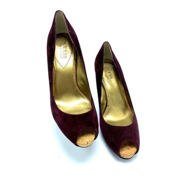 Guess Belicia Plum Wine Suede Peep Toe Shoes 8.5‎ - Picture 3 of 6
